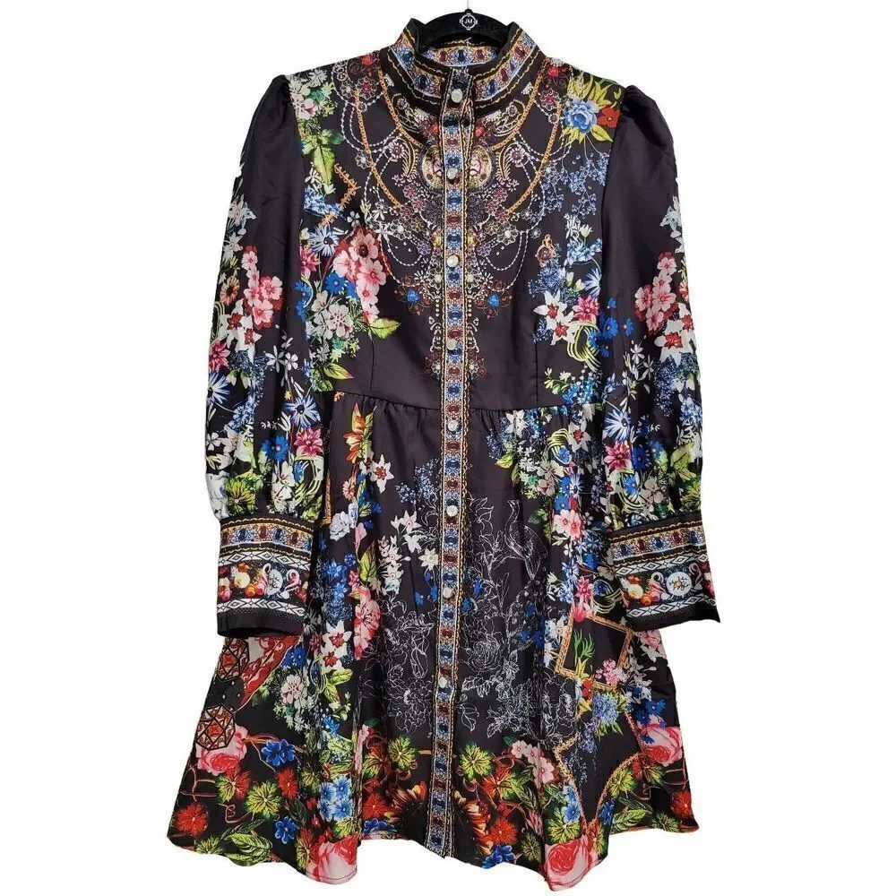 Floral Printed Mock Neck Long Sleeve‎ Button Casual Shirt Dress